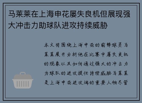 马莱莱在上海申花屡失良机但展现强大冲击力助球队进攻持续威胁